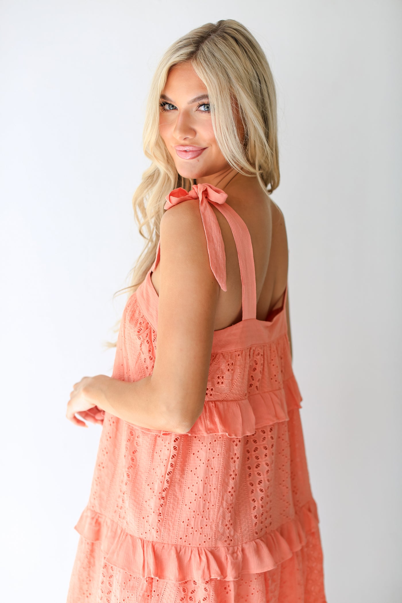 coral Tiered Eyelet Mini Dress side view