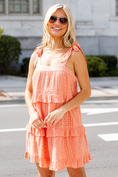 coral Tiered Eyelet Mini Dress on model