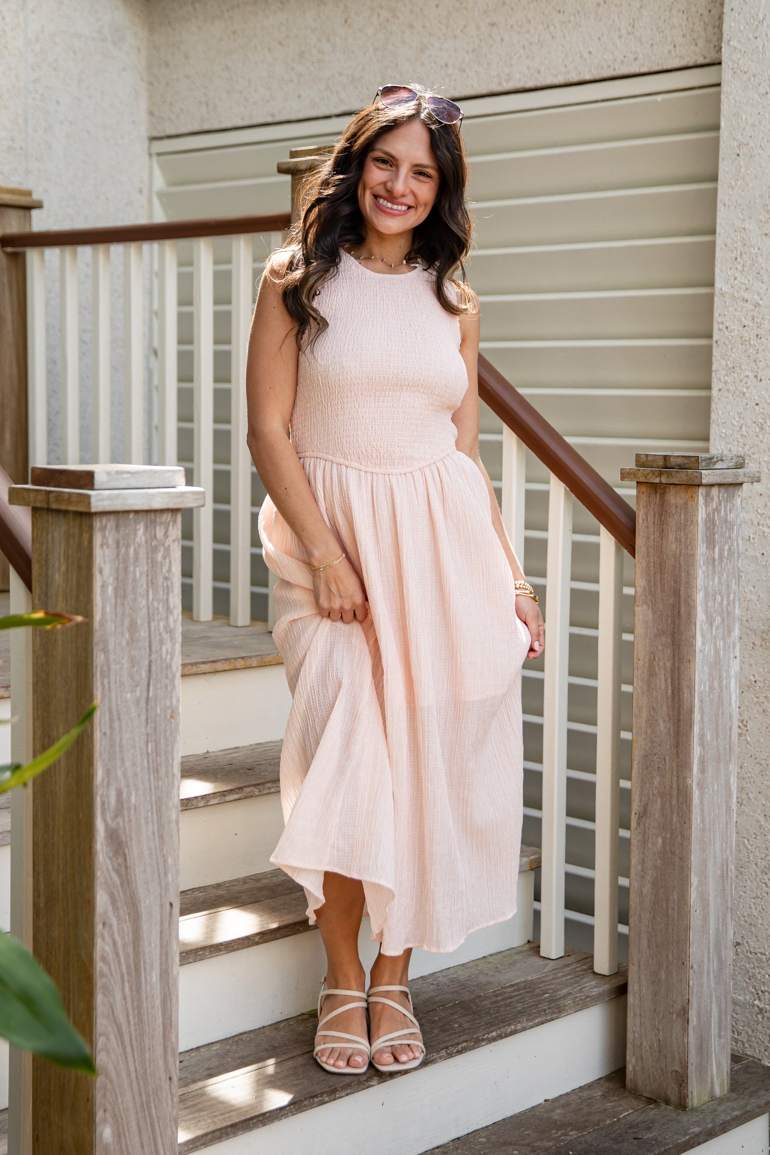 pink smocked midi dress Sutton Pink Floral Smocked Midi Dress