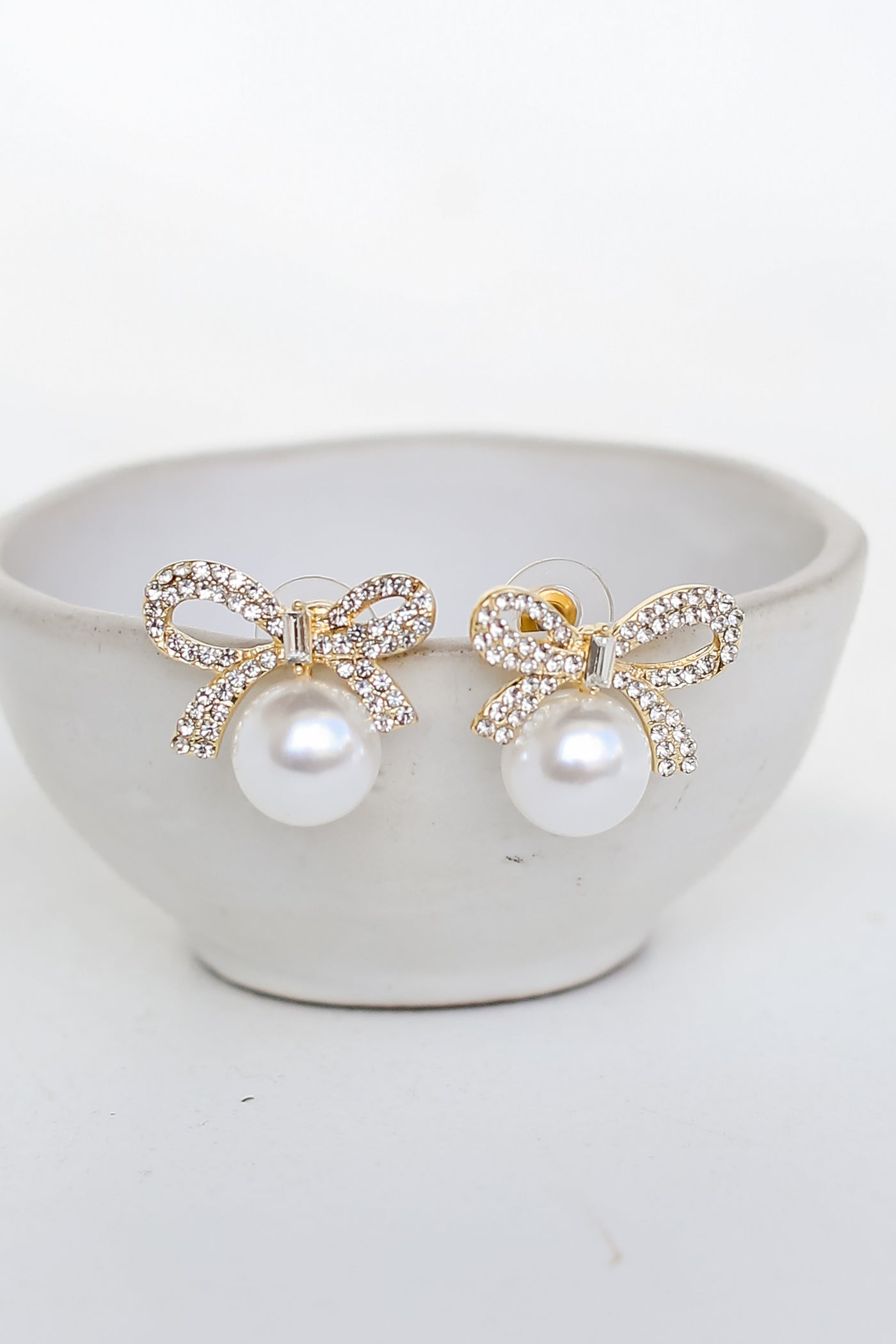 Gold Rhinestone + Pearl Bow Stud Earrings