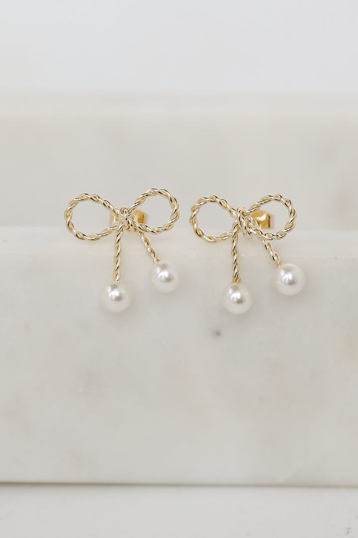 Wren Gold Pearl Bow Stud Earrings