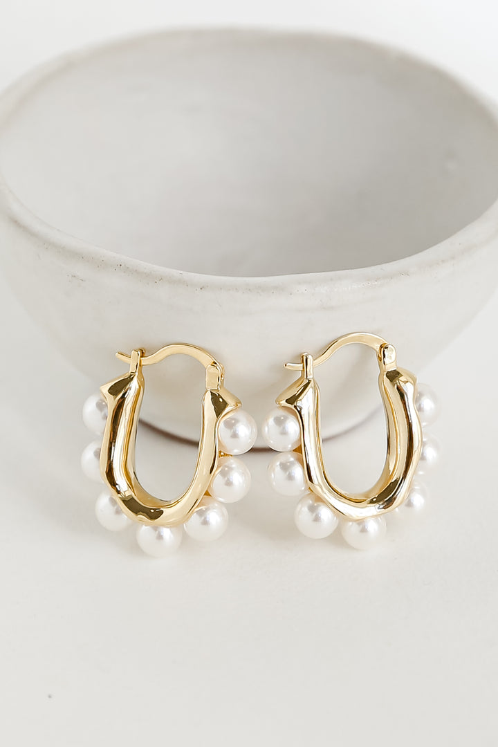 Gold Pearl Oval Hoop Earrings