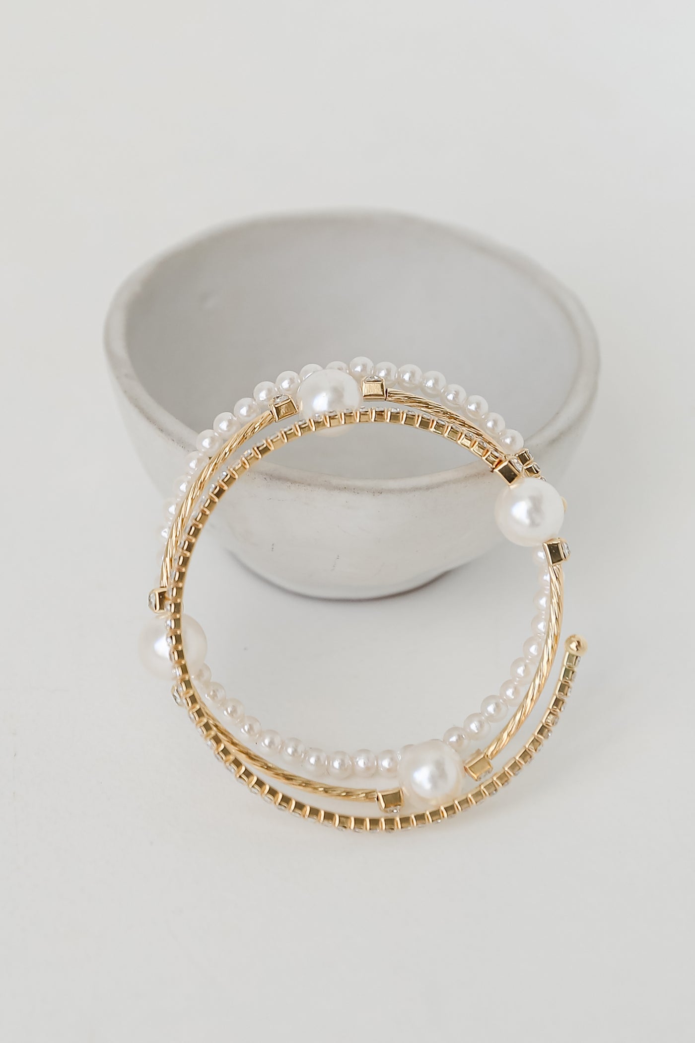 Gold Pearl + Rhinestone Bracelet Set flat lay