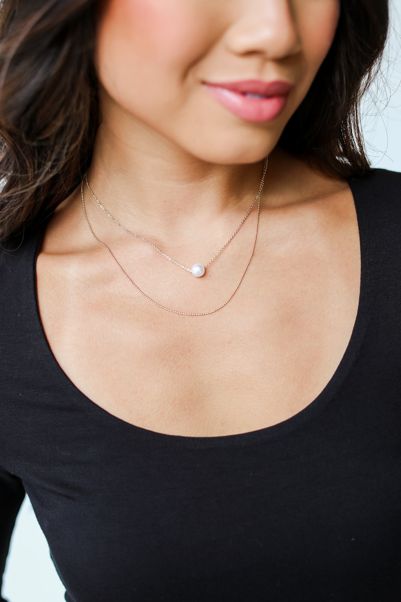 Gold Pearl Layered Chain Necklace on model