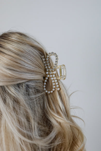 Bejeweled Beauty Rhinestone + Pearl Bow Claw Hair Clip