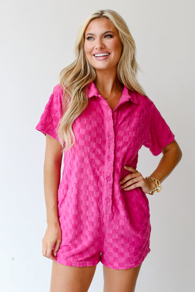 pink knit Checkered Romper front view