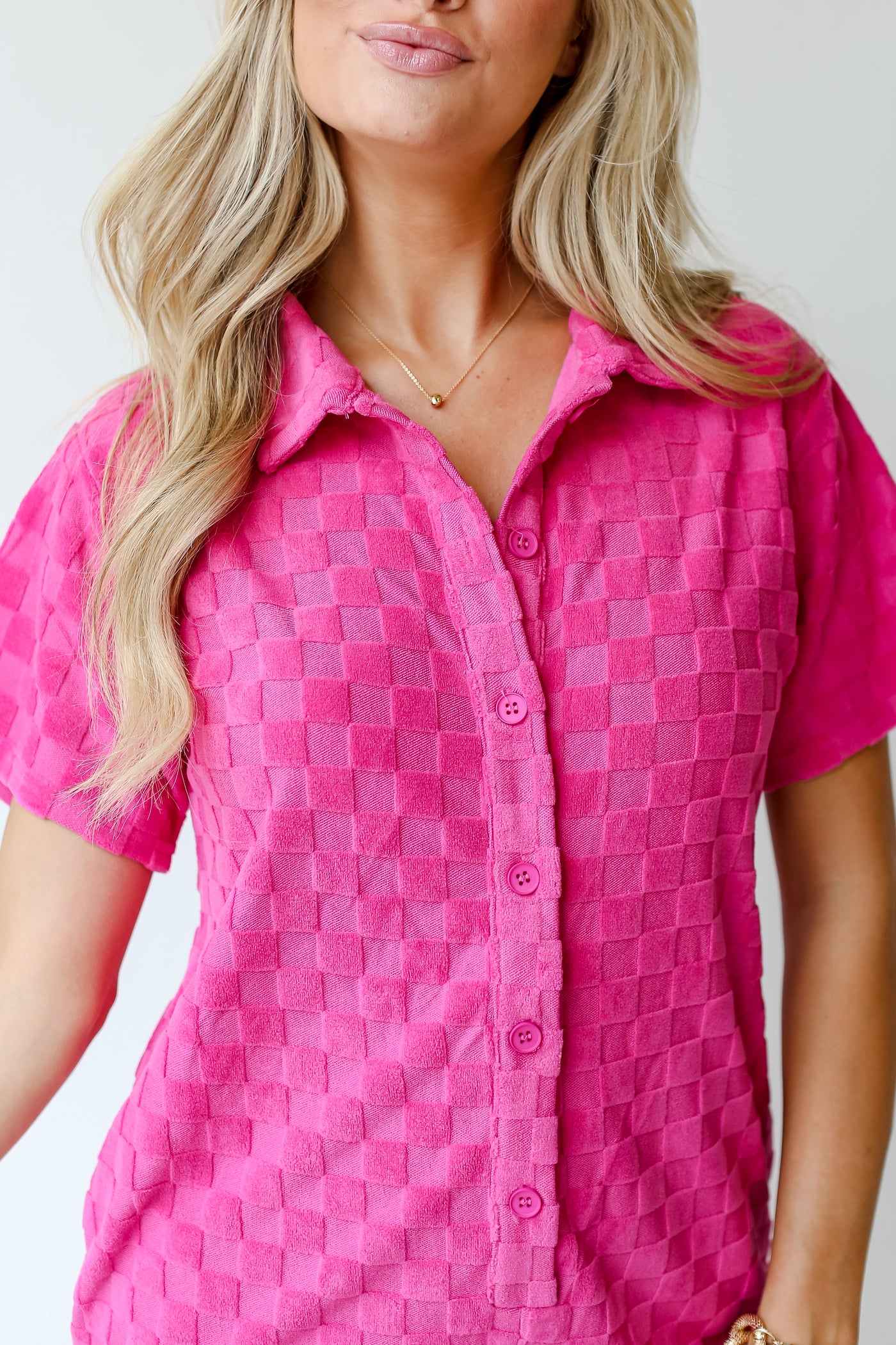 pink knit Checkered Romper close up