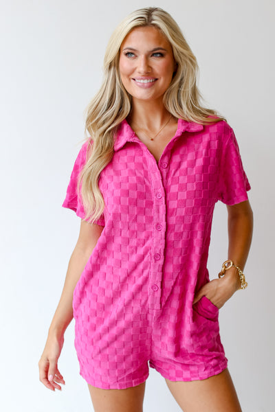 pink knit Checkered Romper on dress up model