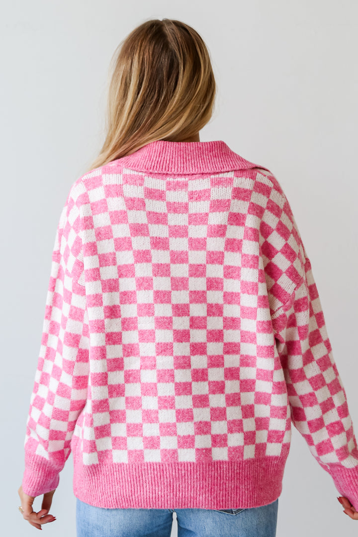 cute Pink Checkered Collared Oversized Sweater