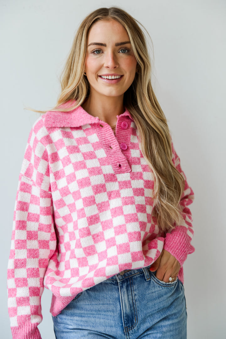 womens Pink Checkered Collared Oversized Sweater