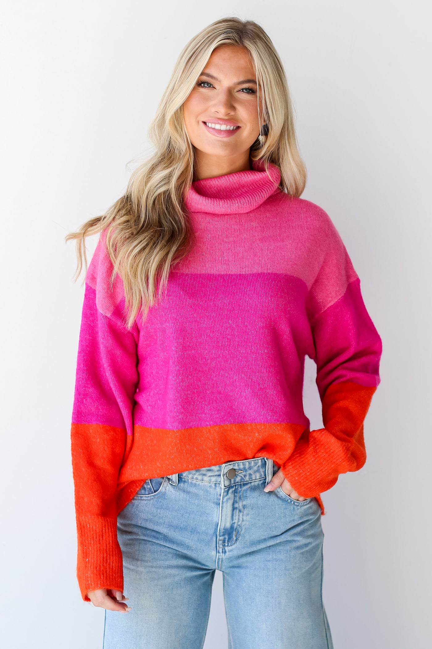 Pink Color Block Turtleneck Sweater front view