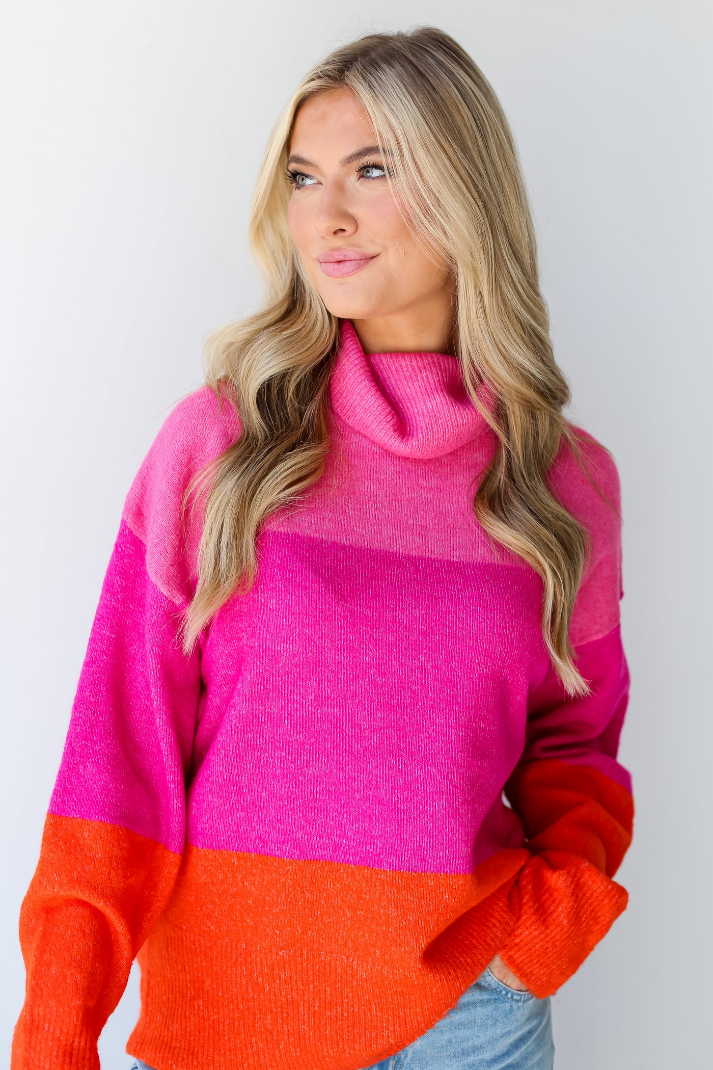 Pink Color Block Turtleneck Sweater on dress up model