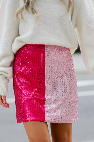 Fuchsia Color Block Sequin Mini Skirt