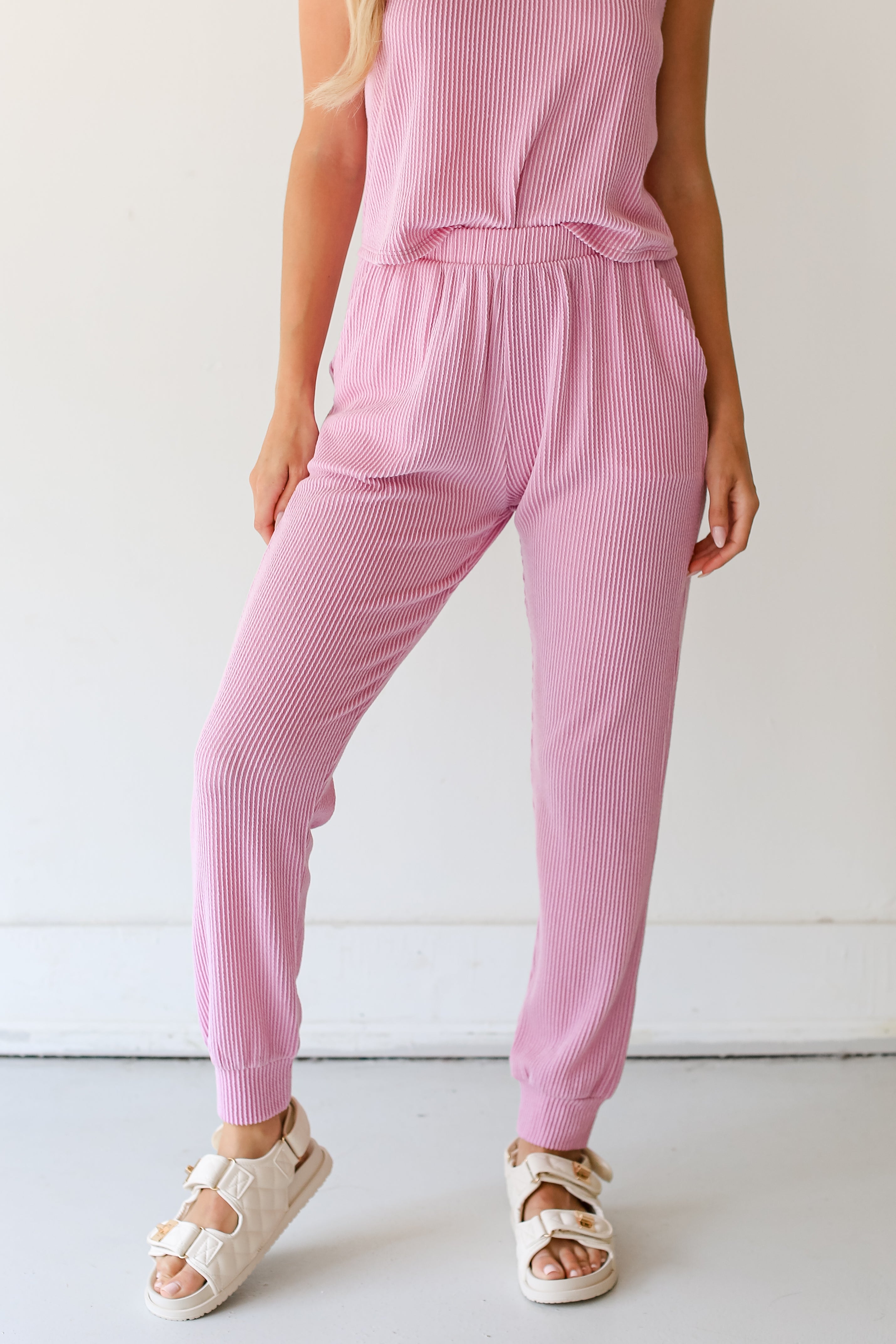 pink Corded Joggers close up