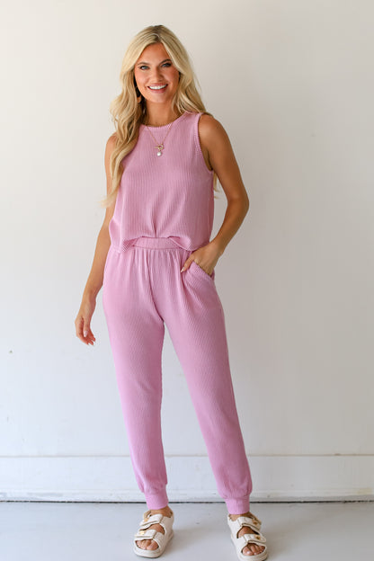 pink Corded Joggers on model