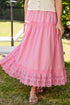 Pink lace-trim maxi skirt styled in sunshine