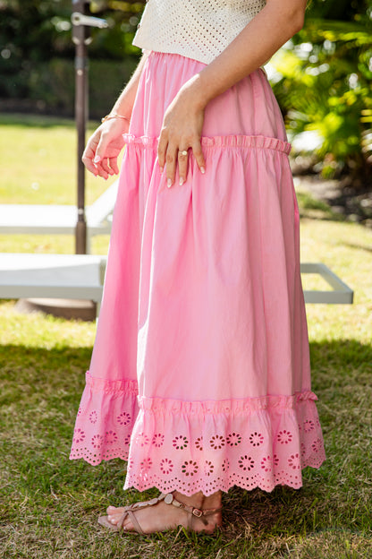 Pink lace-trim maxi skirt detail