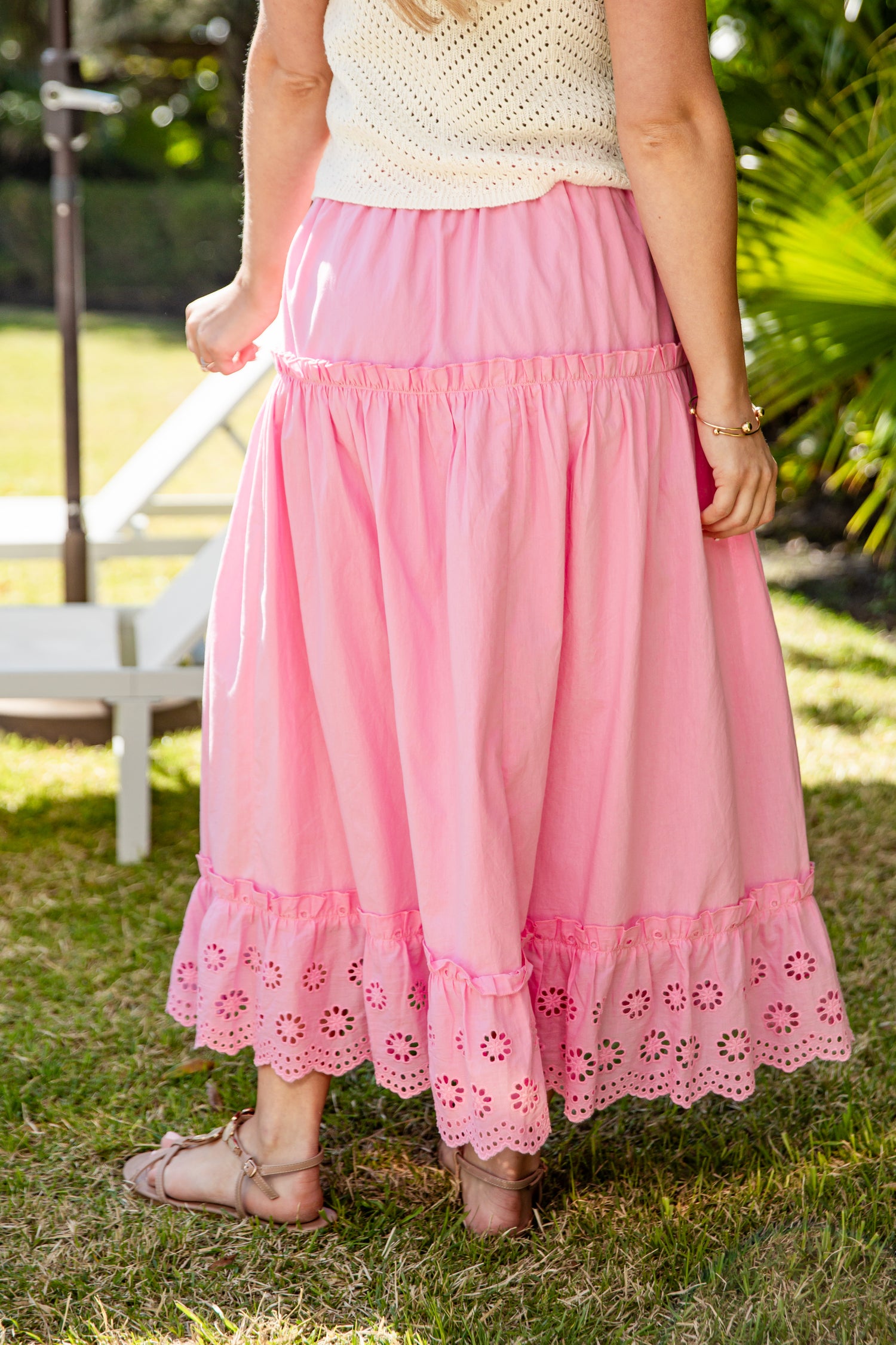 Pink lace-trim maxi skirt back view