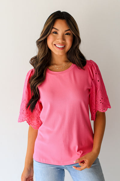 pink Eyelet Sleeve Blouse front view