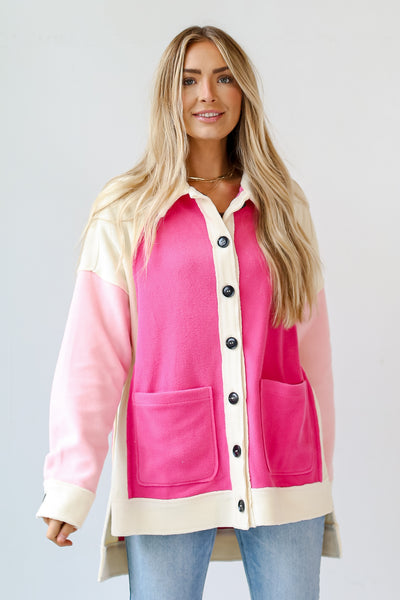 model wearing a Pink Color Block Fleece Shacket