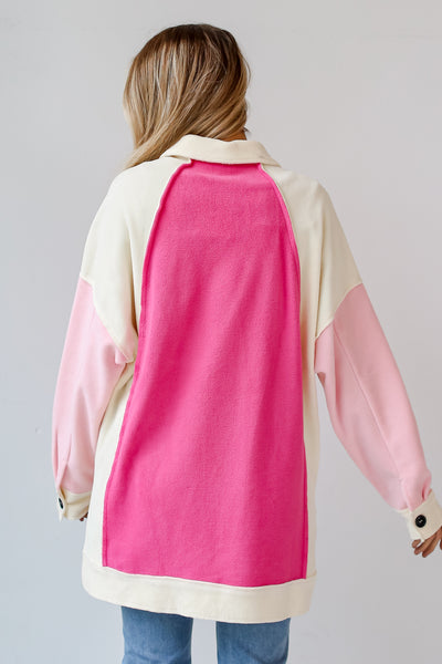 Pink Color Block Fleece Shacket back view
