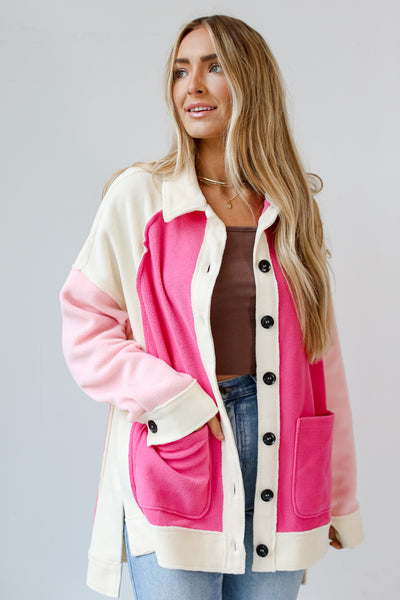 Pink Color Block Fleece Shacket
