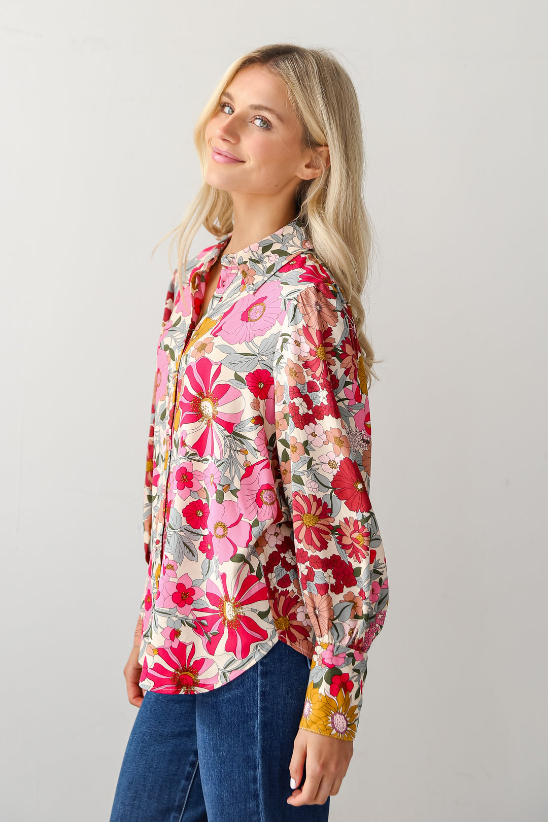 Pink Floral Button-Up Blouse side view