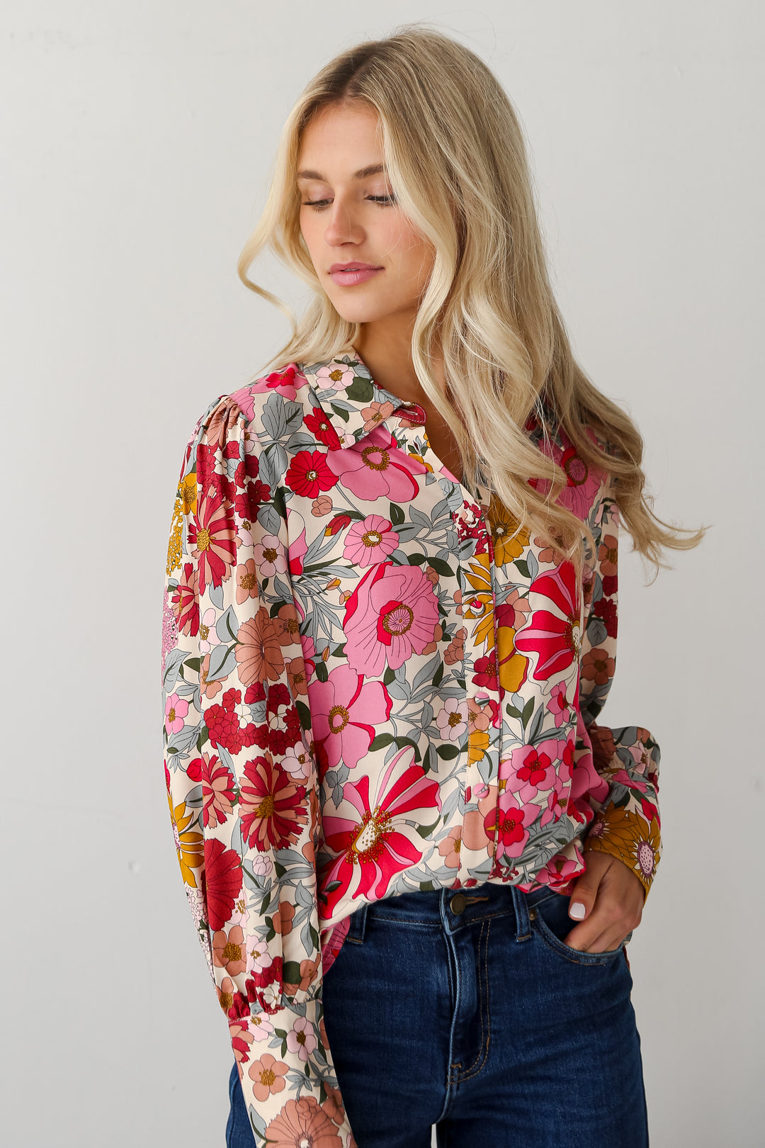 Pink Floral Button-Up Blouse front view