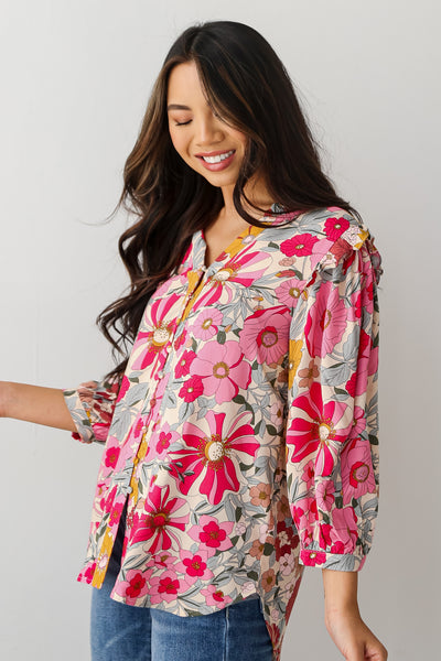 trendy pink floral blouse