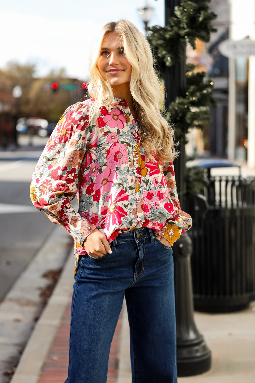 Pink Floral Button-Up Blouse