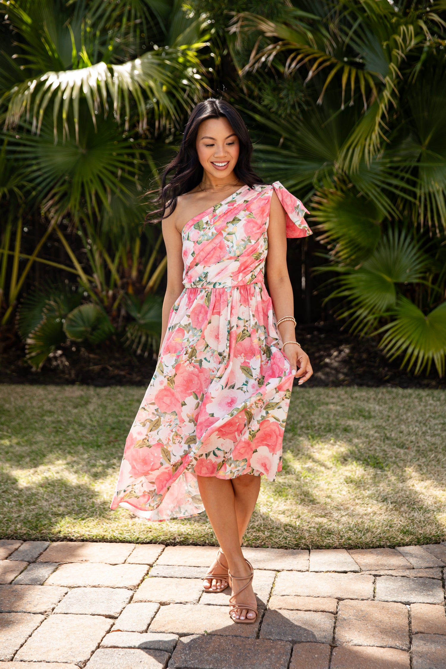 womens pink spring dress Pink Floral Midi Dress | Trendy Women's Dresses