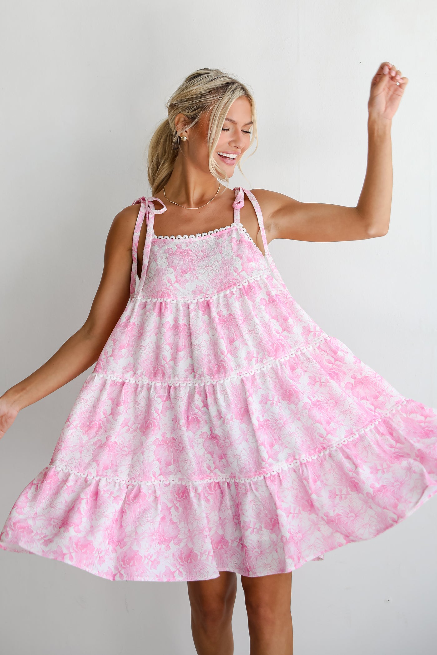 cute Pink Floral Tiered Mini Dress