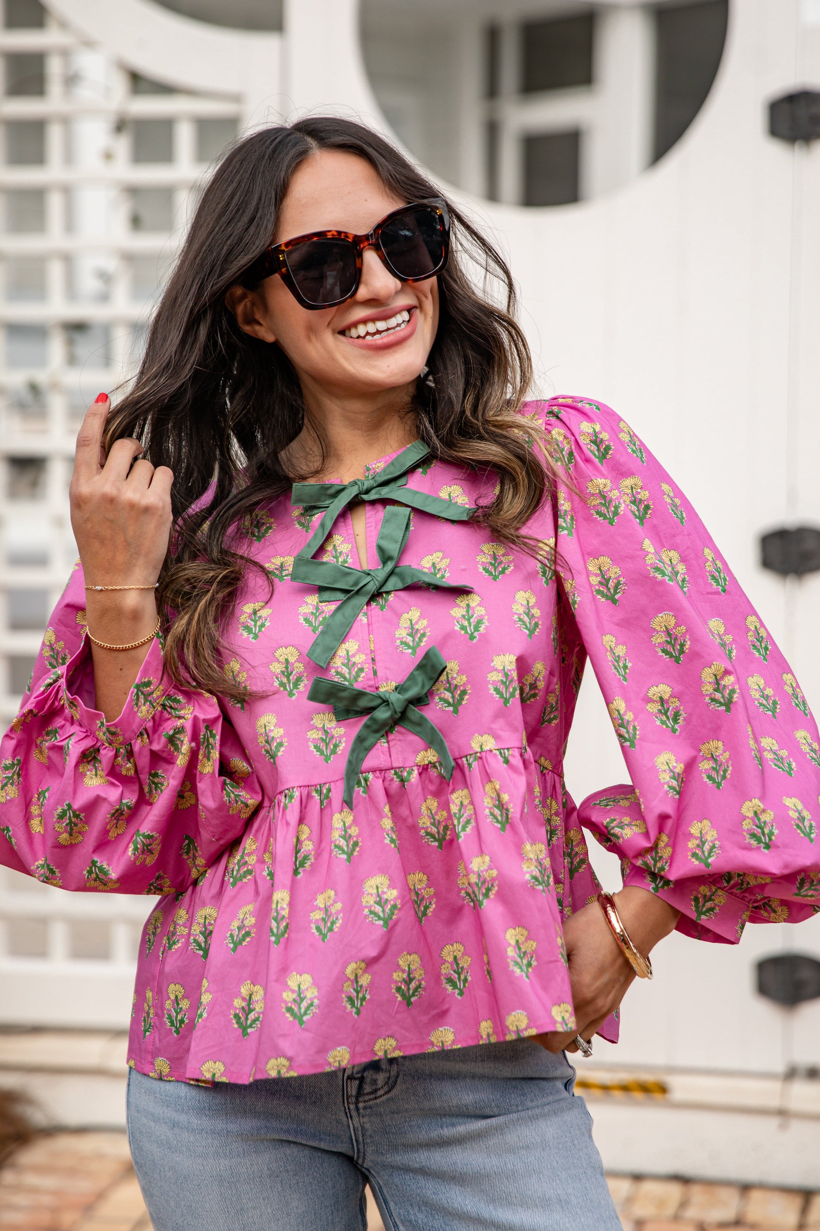 Rosewood Charm Floral Bow Front Blouse | Trendy Women's Tops