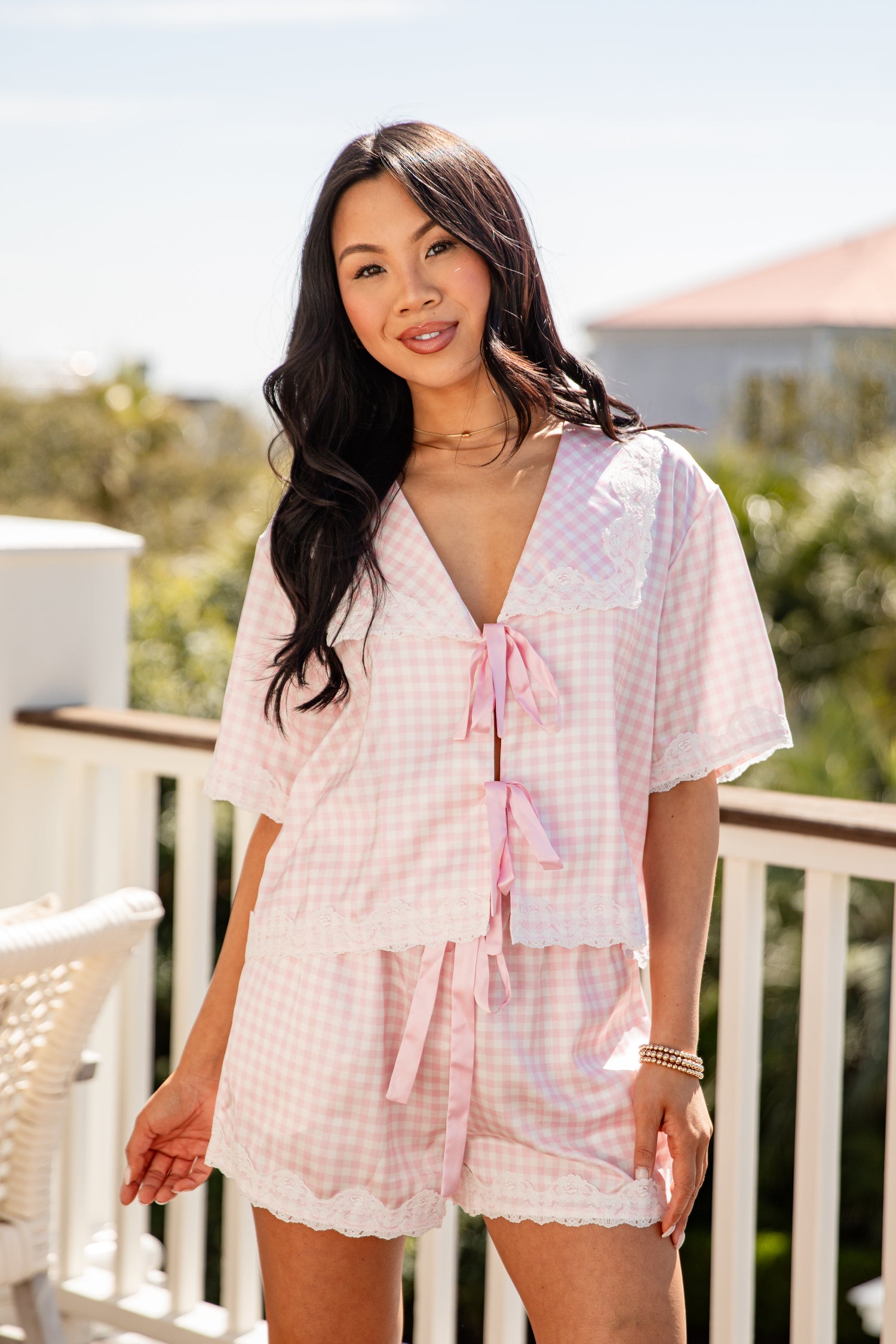 Cozy Girl Gingham Tie-Front Pajama Top | Trendy Women's Tops