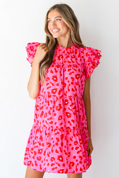 hot pink leopard Tiered Mini Dress on model