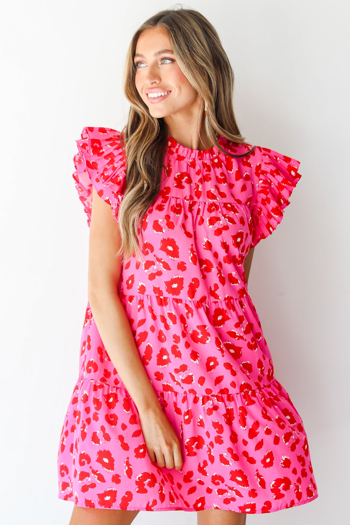 hot pink leopard Tiered Mini Dress