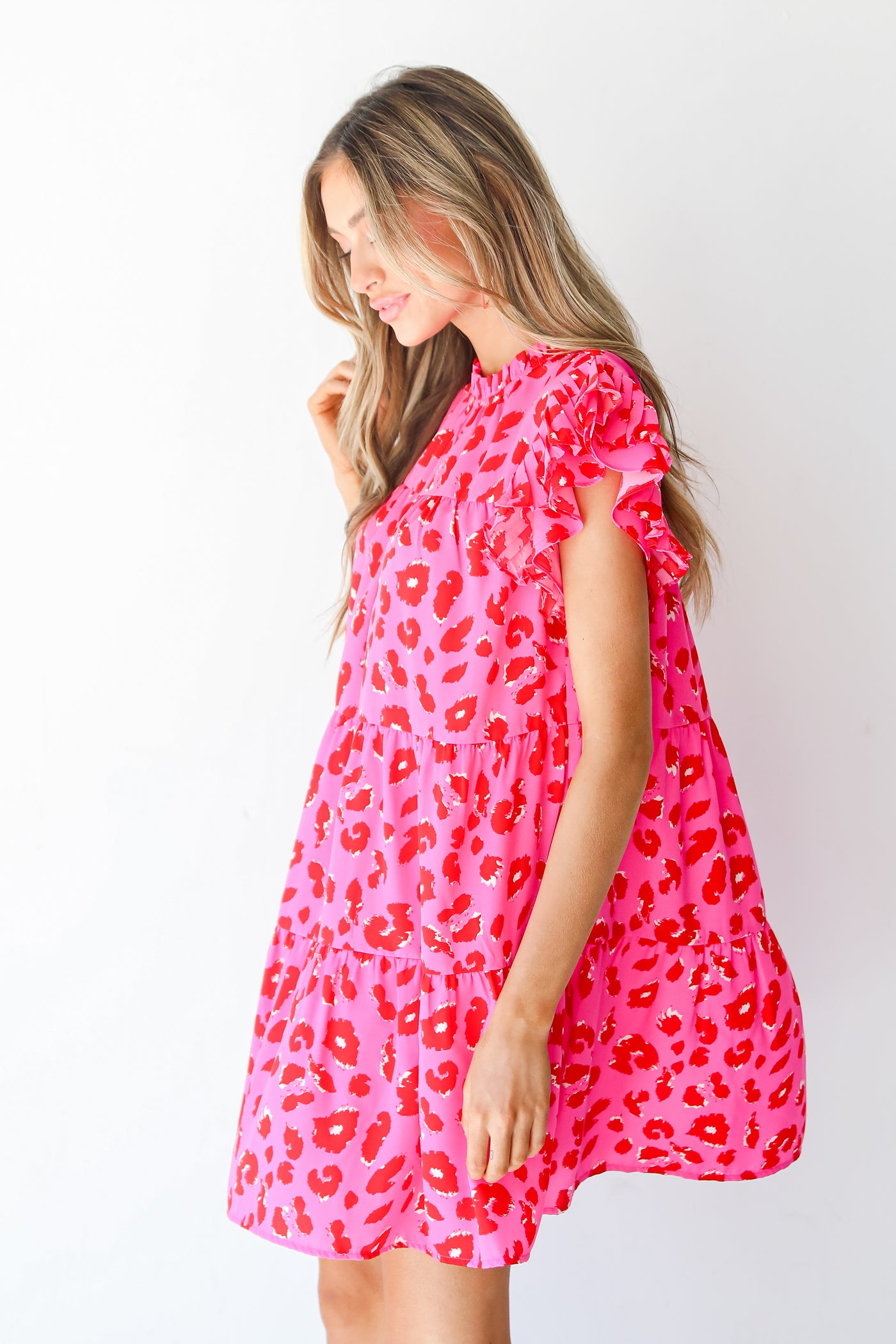 hot pink leopard Tiered Mini Dress side view