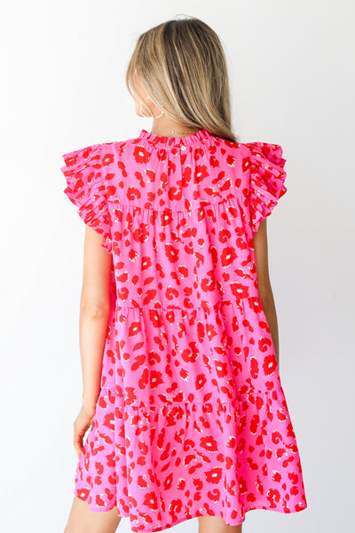 hot pink leopard Tiered Mini Dress back view