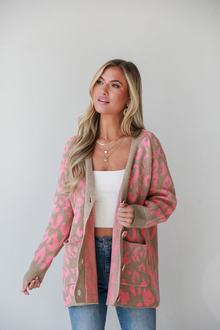 Pink Leopard Sweater Cardigan close up