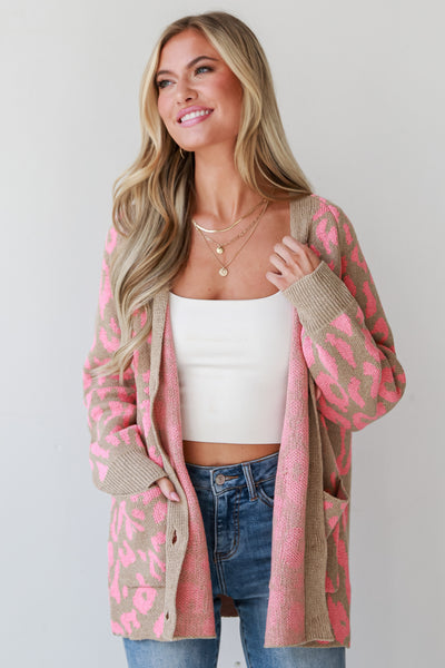 Pink Leopard Sweater Cardigan front view