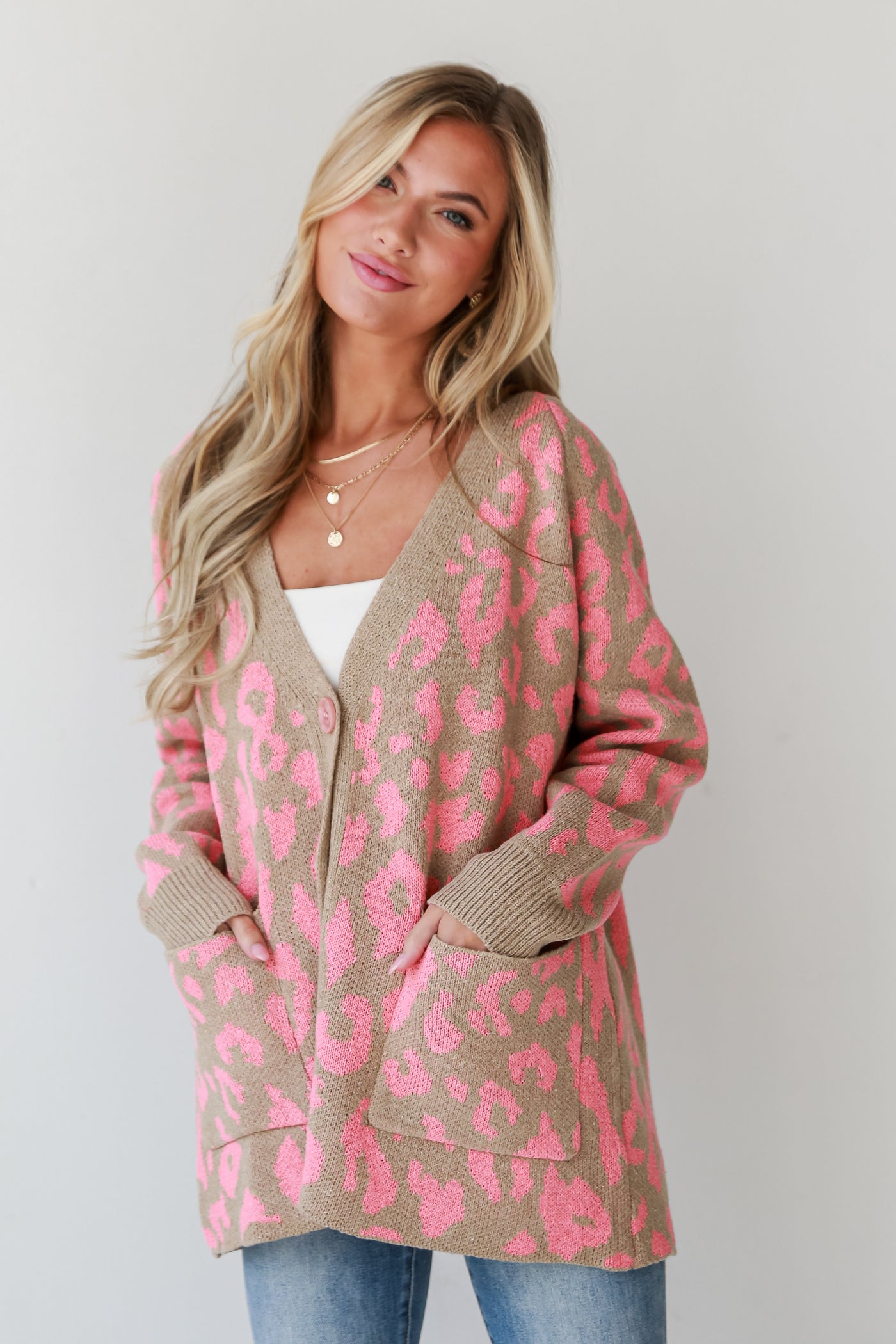 trendy Pink Leopard Sweater Cardigan