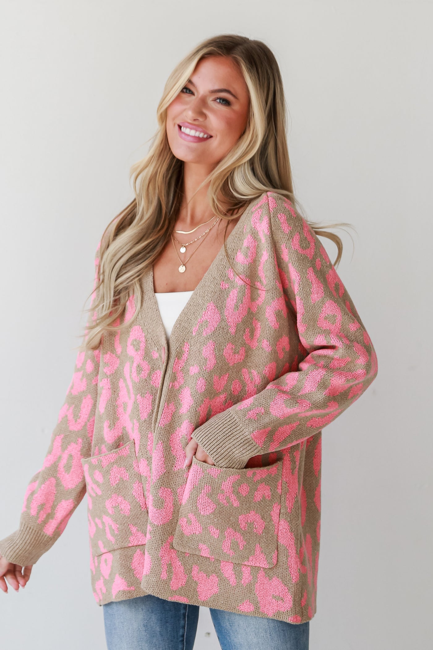 Pink Leopard Sweater Cardigan front view