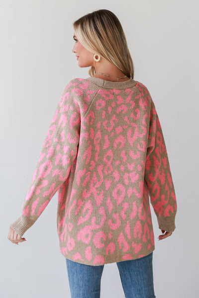 Pink Leopard Sweater Cardigan on model