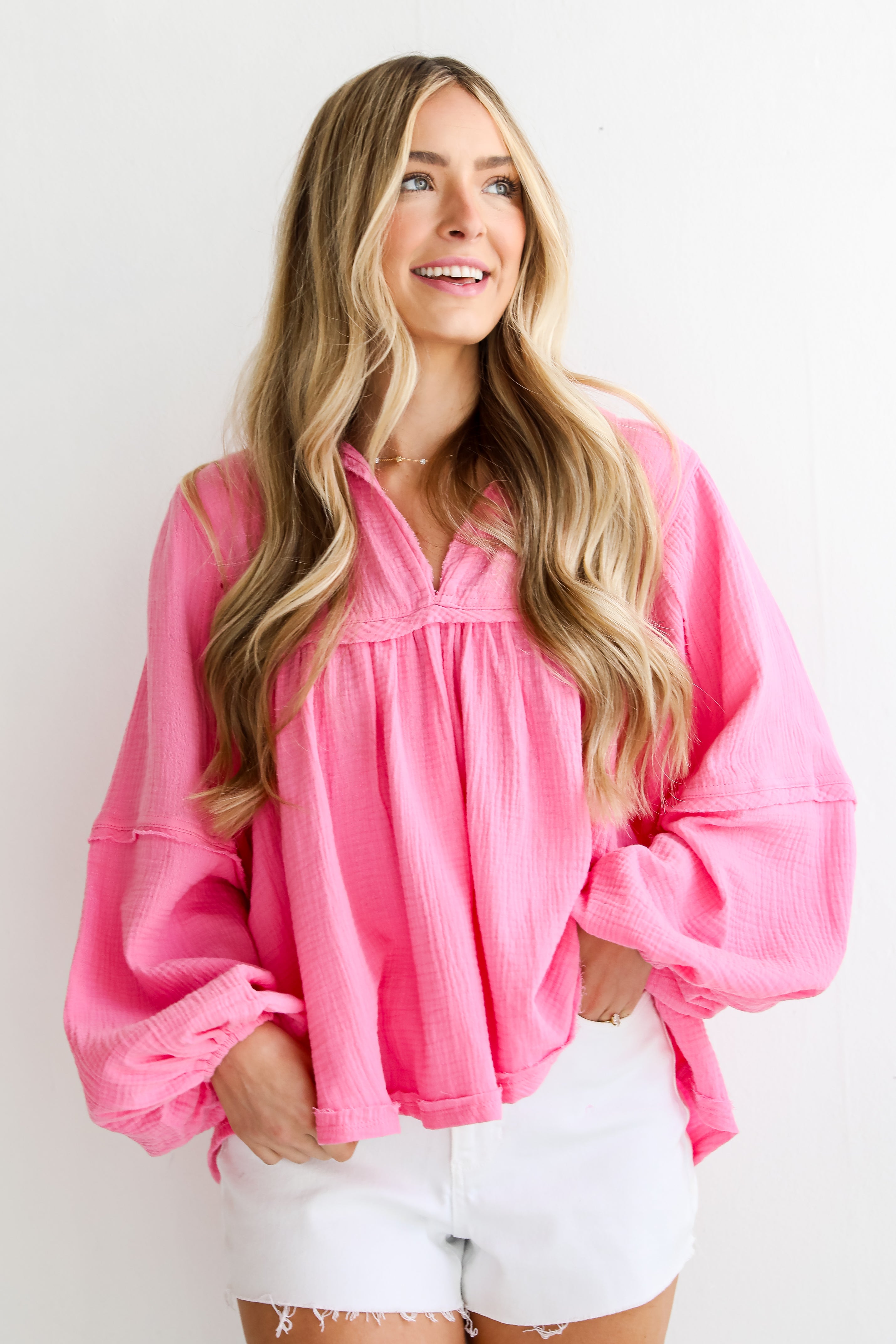 boho Pink Linen Babydoll Blouse