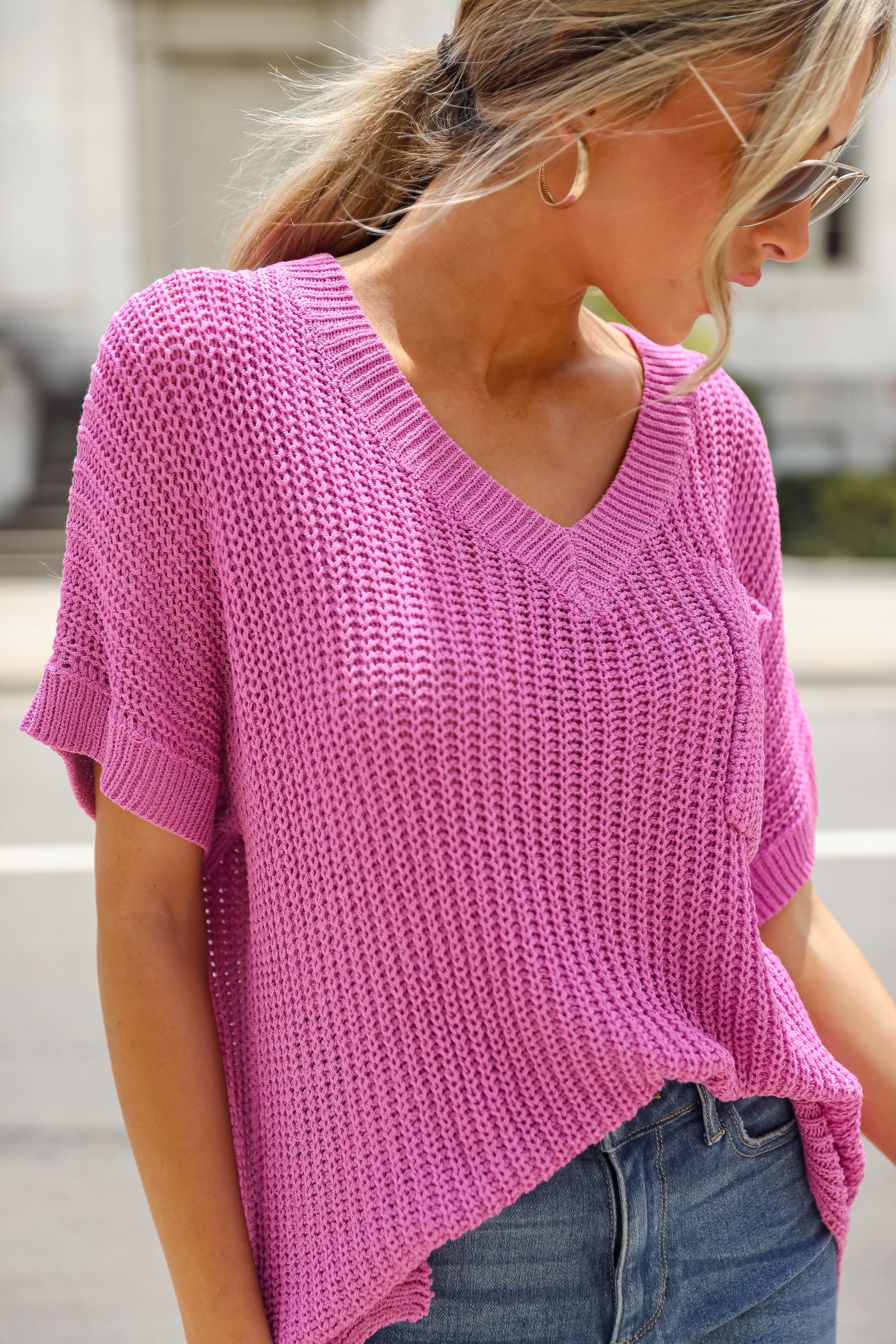 pink Loose Knit Sweater on model