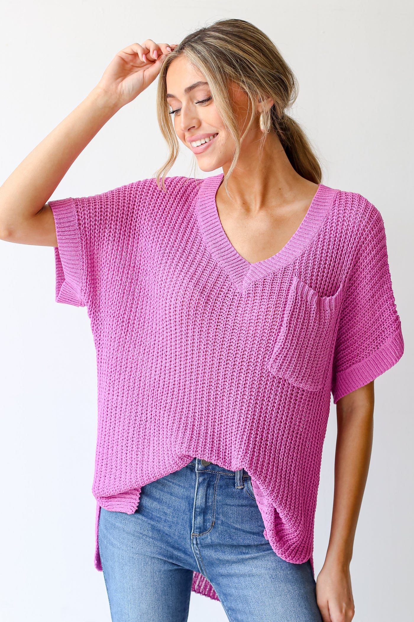 pink Loose Knit Sweater front view