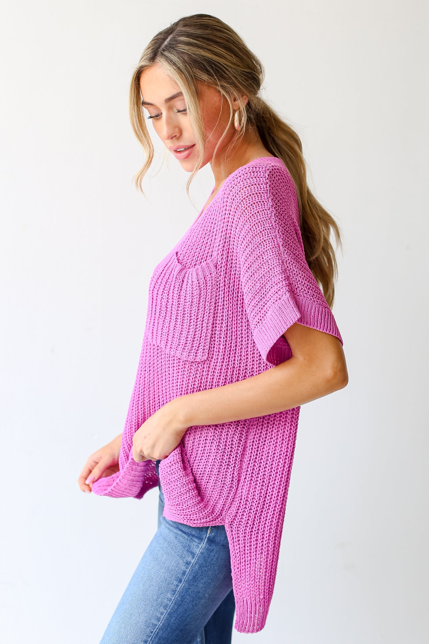 pink Loose Knit Sweater side view