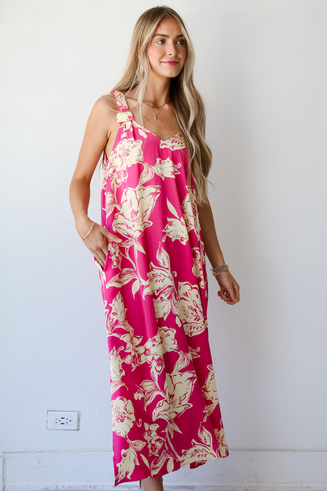 Charming Suggestion Fuchsia Floral Maxi Dress