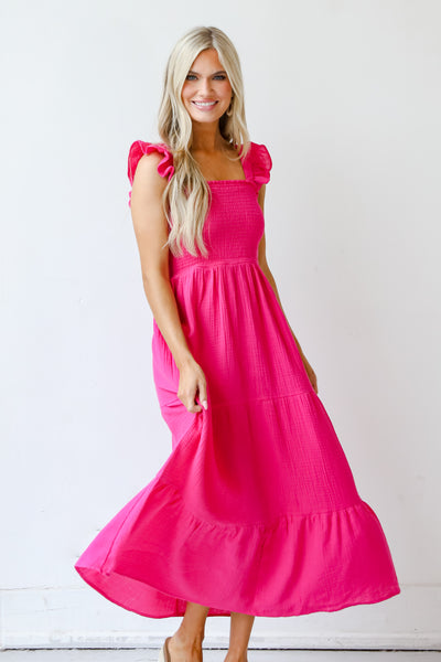 pink Linen Tiered Maxi Dress