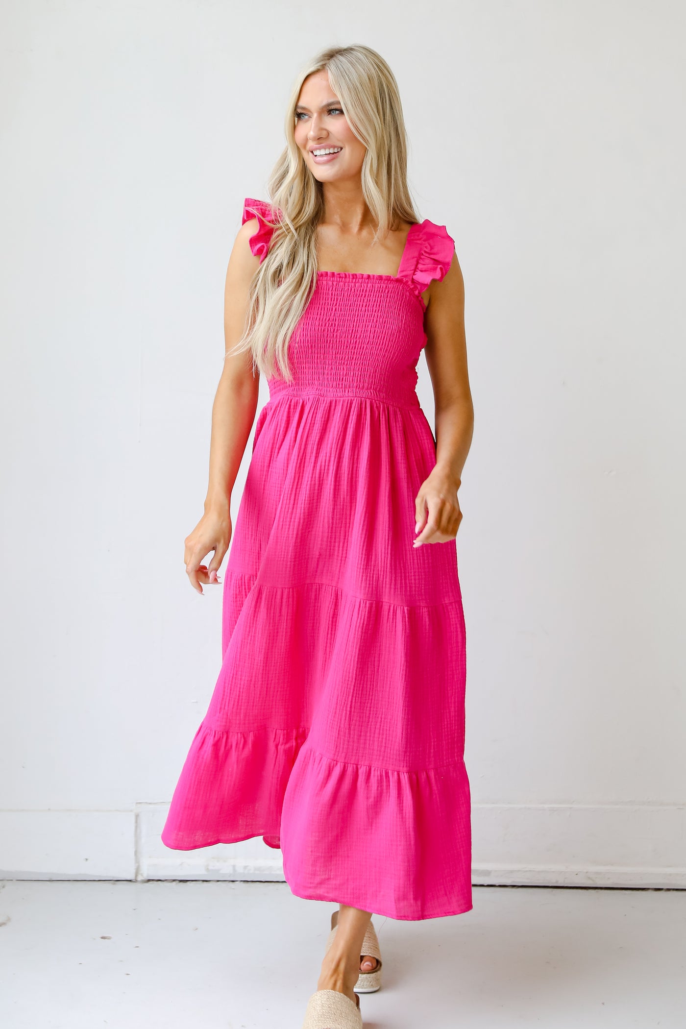 pink Linen Tiered Maxi Dress front view